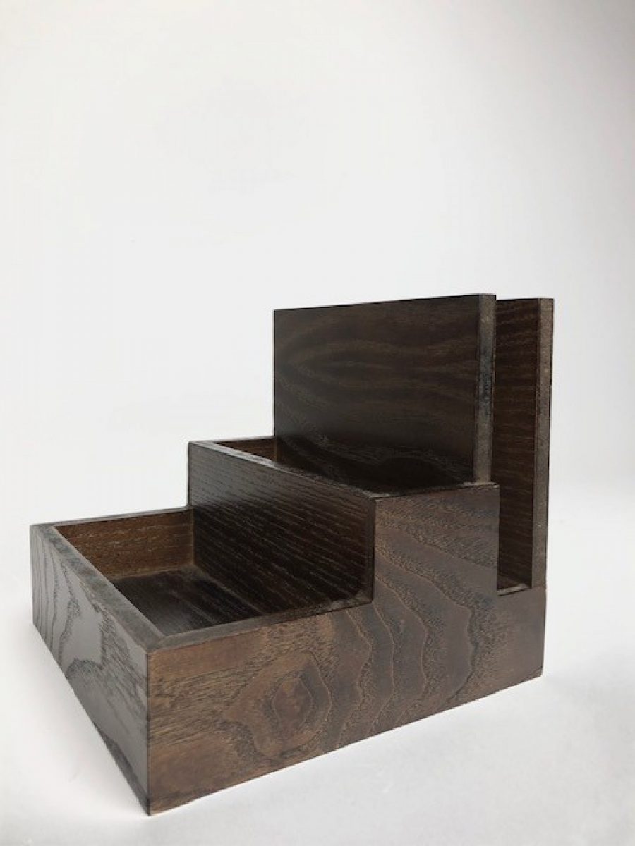 Tiered wooden caddy for menus accessories or other tabletop items in dark stain finish