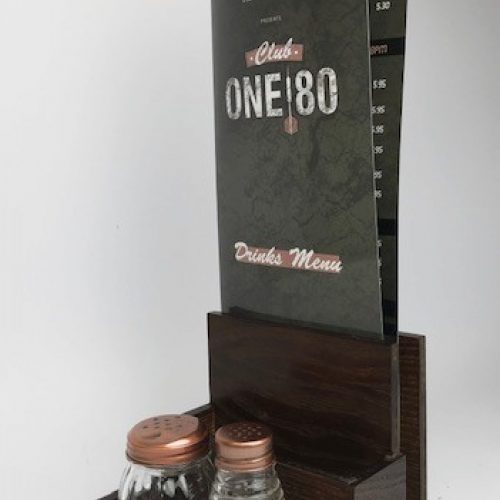 tiered wooden caddy for menus accessories or other tabletop items in dark stain finish