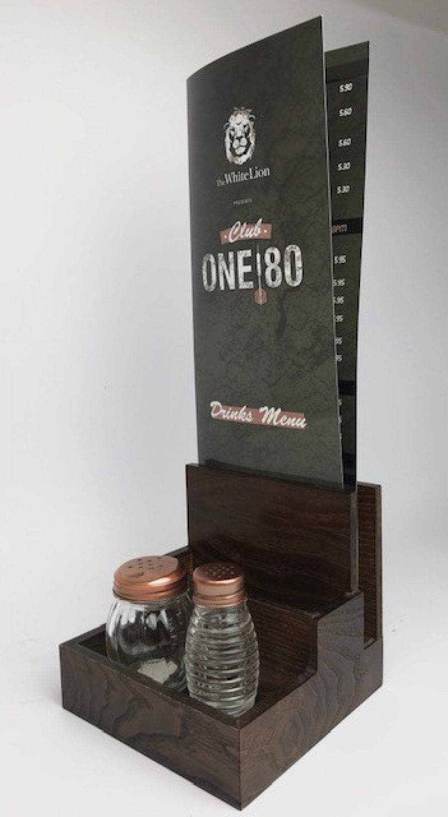tiered wooden caddy for menus accessories or other tabletop items in dark stain finish