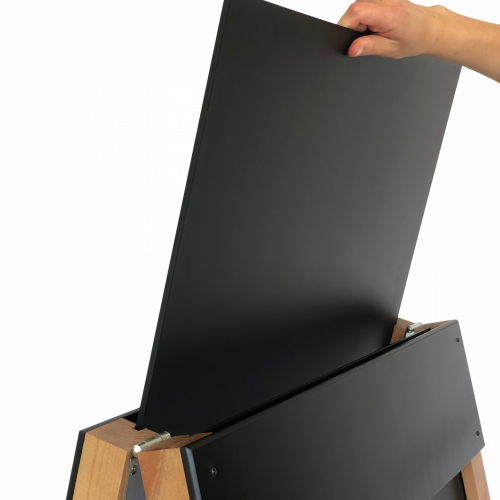 Reverisble insert wooden a-frame pavement sign with person removing the insert easily